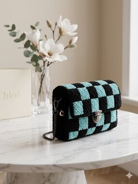 Handmade Plush Yarn Checkered Crossbody Bag with Chain Strap